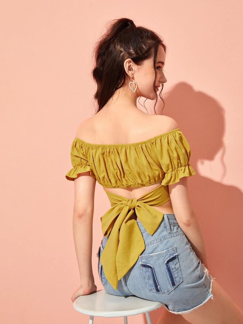 

Solid Tie Back Crop Top, Yellow