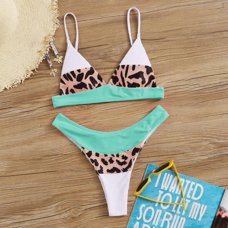 

Color Block Triangle High Cut Bikini Swimsuit, Multicolor