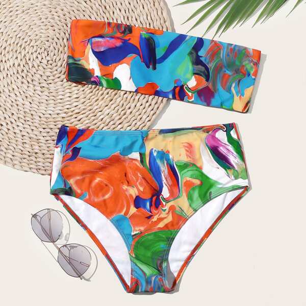 

Graphic Print Bandeau High Waisted Bikini Swimsuit, Multicolor