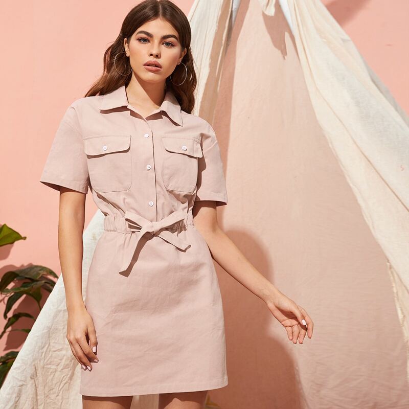 

Elastic Drawstring Waist Shirt Denim Dress, Pink