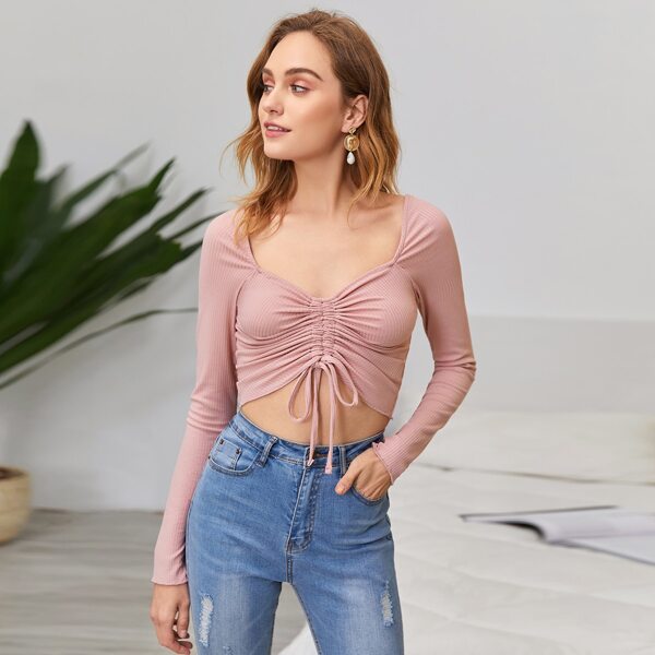 

Drawstring Front Ruched Crop Tee, Pink