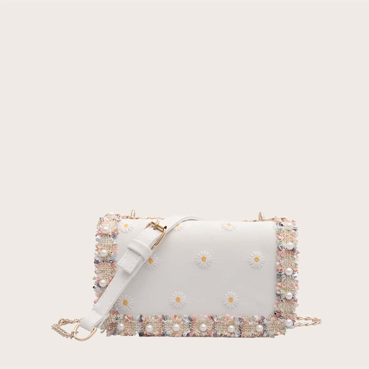

Faux Pearl & Daisy Decor Crossbody Bag, White