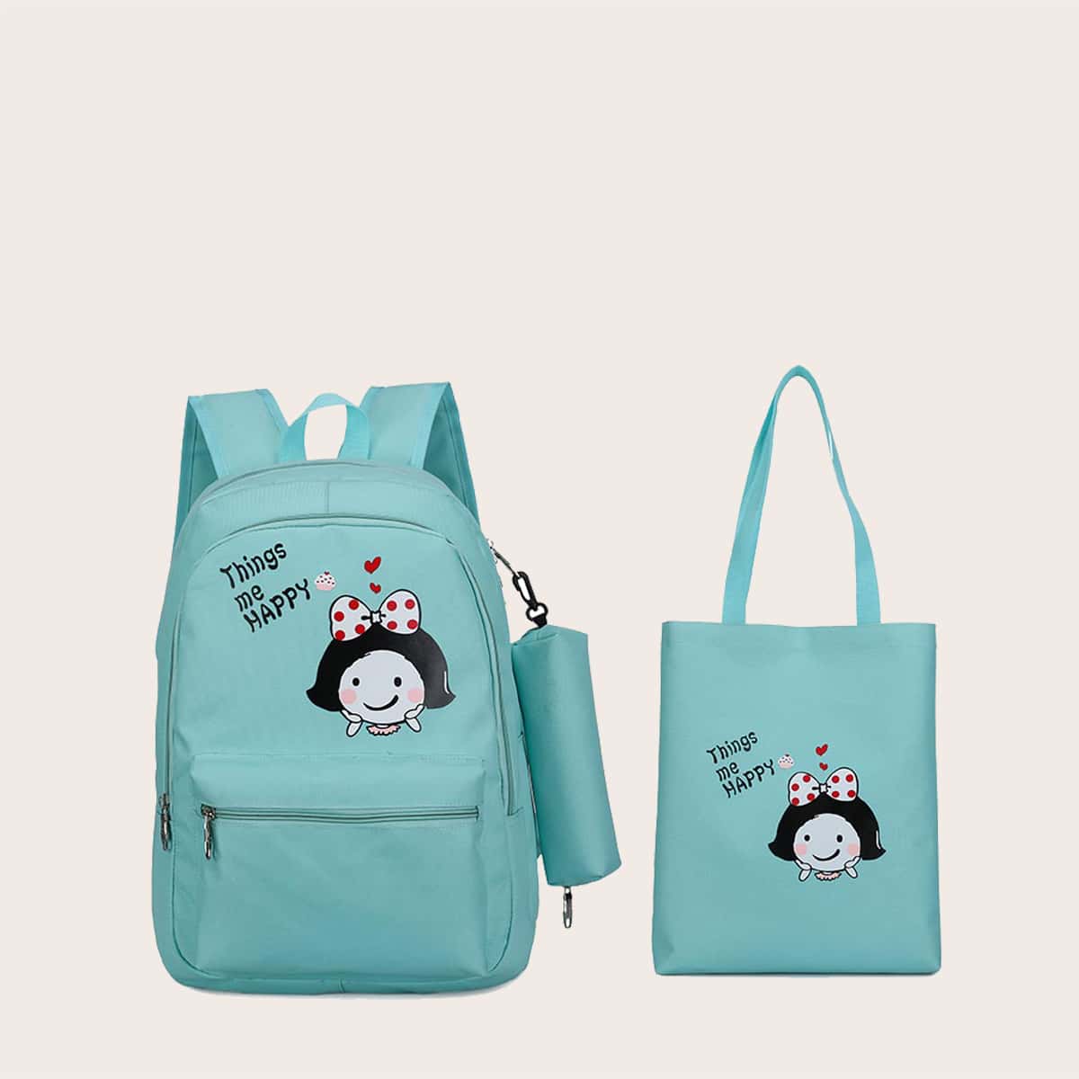 

3pcs Cartoon Graphic Backpack With Tote Bag & Pencil Case, Green