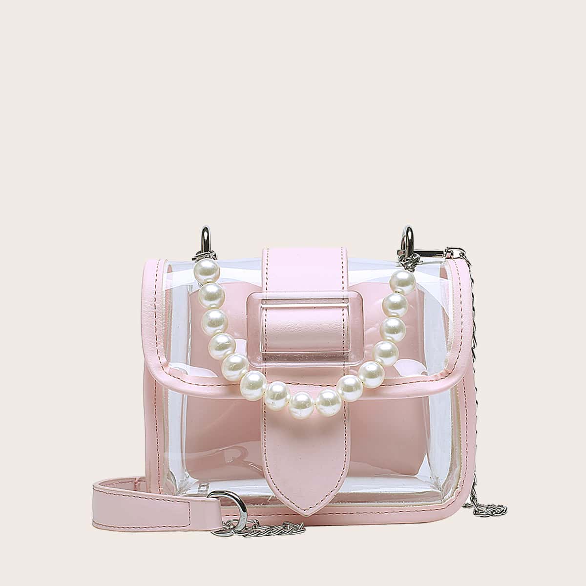 

Faux Pearl Decor Clear Bag With Inner Pouch, Pink