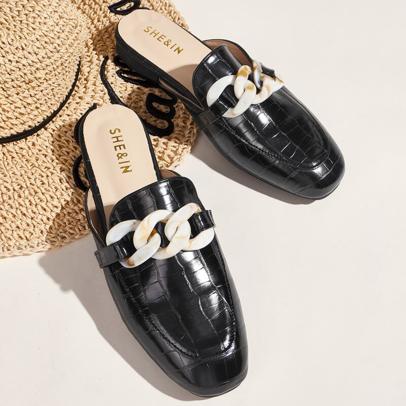 

Chain Decor Croc Embossed Flat Mules, Black