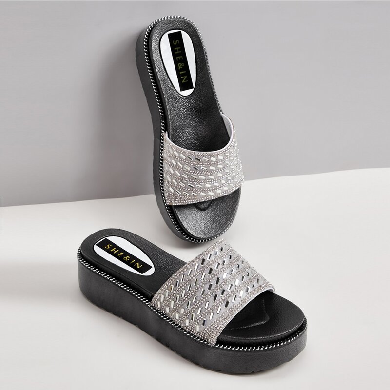 

Rhinestone Decor Wedged Mules, Silver