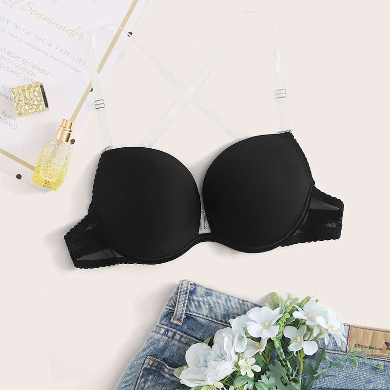 

Clear Strap Underwire Bra, Black