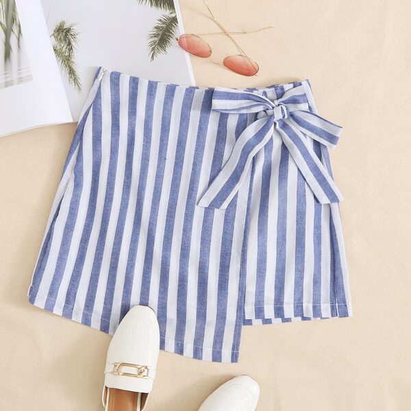 

Asymmetrical Hem Knot Detail Striped Skirt, Blue