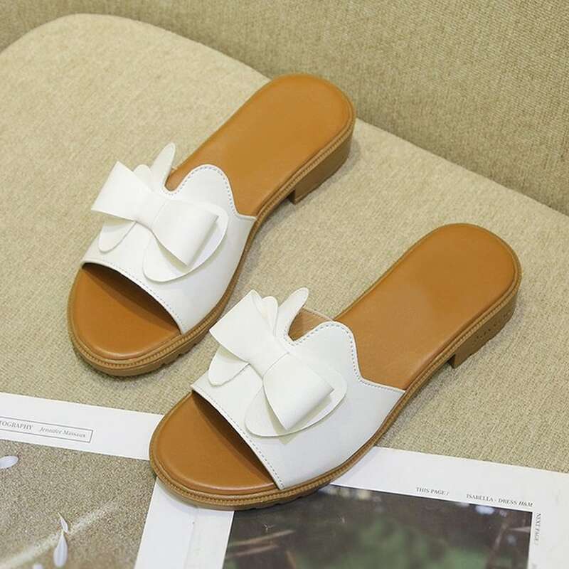 

Open Toe Bow Decor Sliders, White