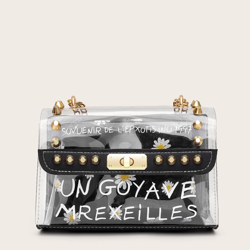 

Spiked Decor Clear Chain Bag With Inner Pouch, Black and white