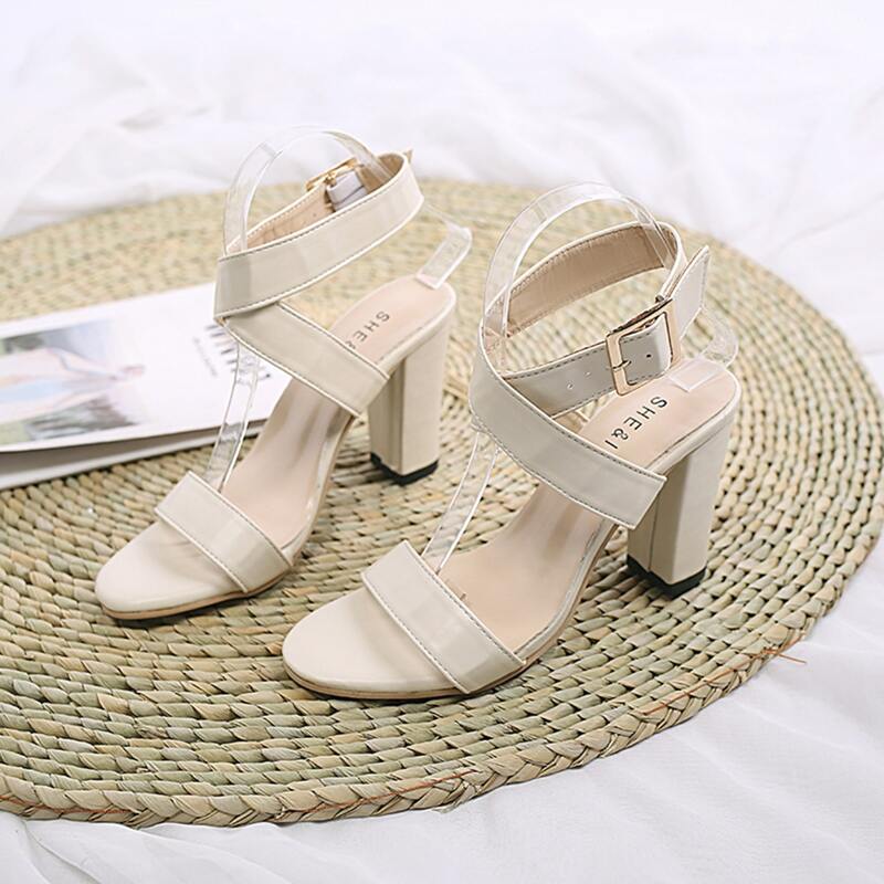 

Open Toe Ankle Strap Chunky Heels, Beige