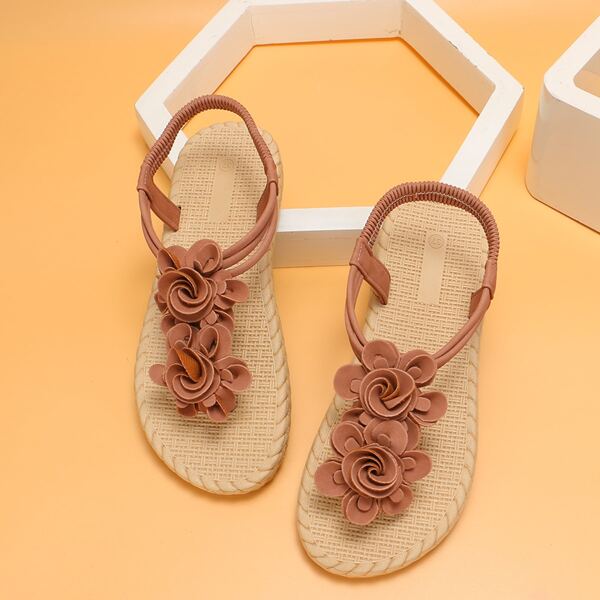 

Floral Appliques Thong Sandals, Brown