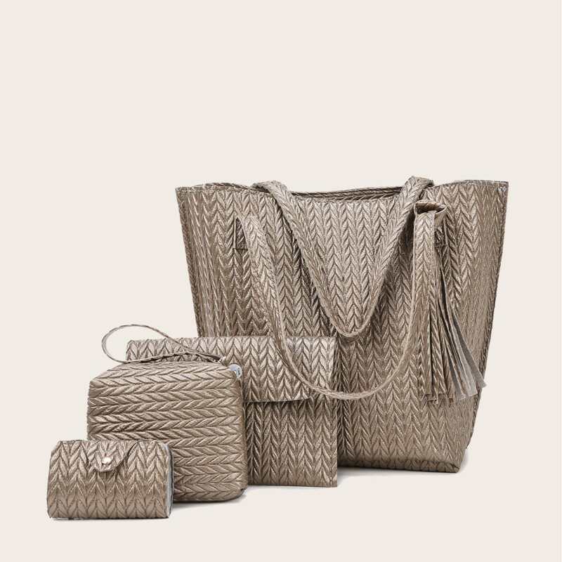 

4pcs Tassel Charm Tote Bag With Purse, Khaki