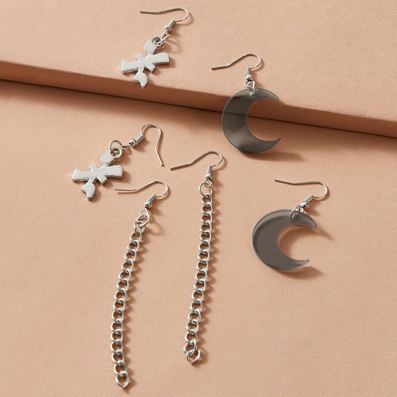 

3pairs Moon Charm Drop Earrings, Multicolor