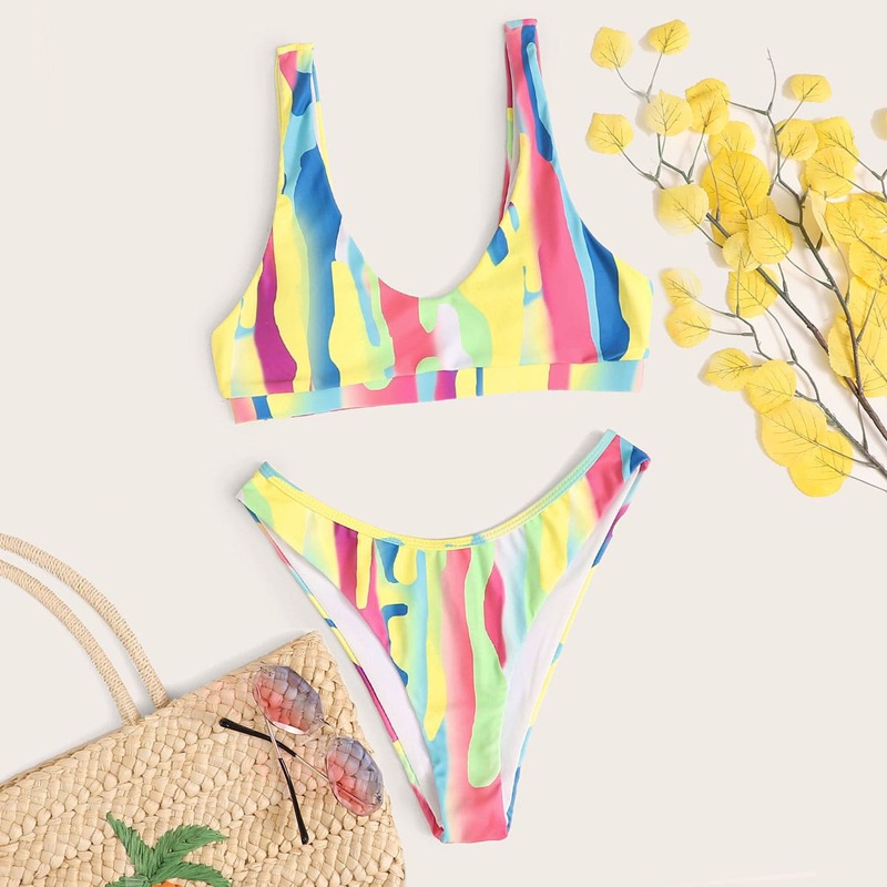 

Graphic Print High Cut Bikini Swimsuit, Multicolor