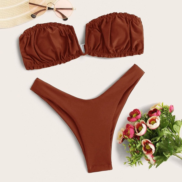 

V Wired Frill Bandeau High Cut Bikini Swimsuit, Brown
