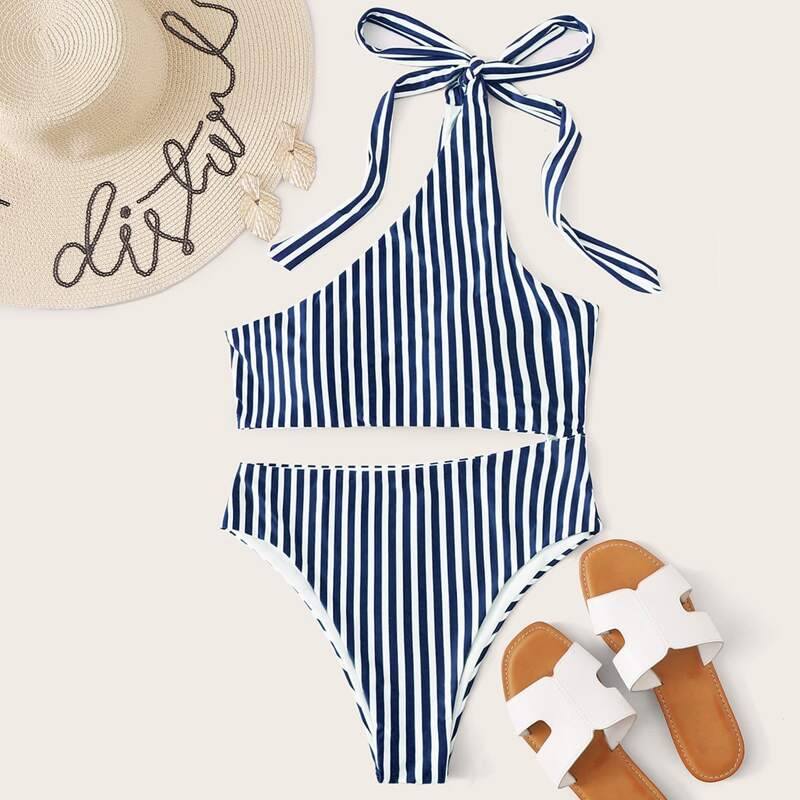 

Striped Cut-out One Shoulder One Piece Swimsuit, Blue