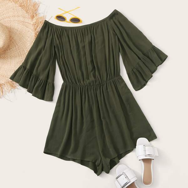 

Off Shoulder Bell Sleeve Wide Leg Romper, Army green