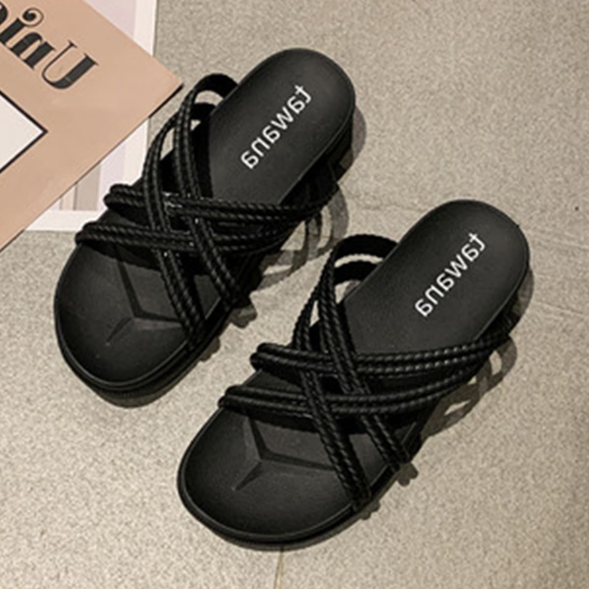 

Braided Strap Flat Sliders, Black