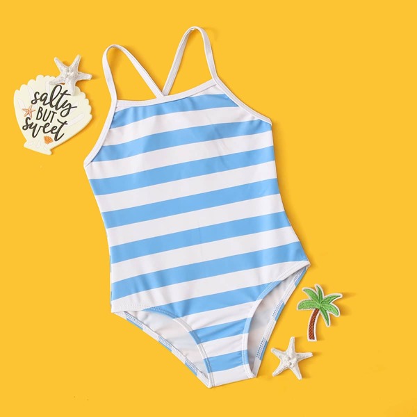 

Toddler Girls Striped Crisscross One Piece Swimsuit, Blue
