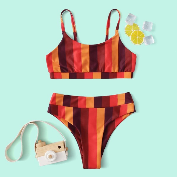 

Girls Striped Print Bikini Swimsuit, Multicolor