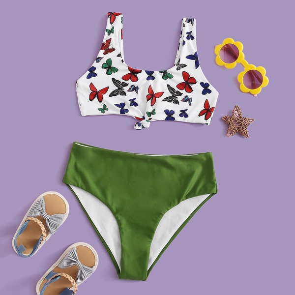 

Girls Butterfly Print High Waisted Bikini Swimsuit, Multicolor