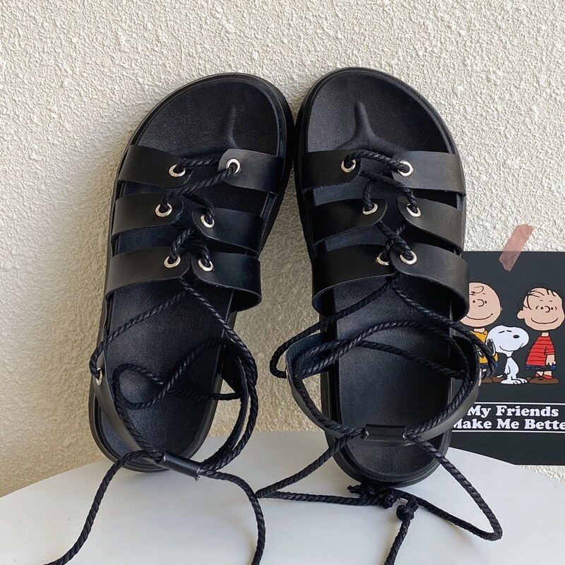 

Lace-up Front Chunky Sandals, Black