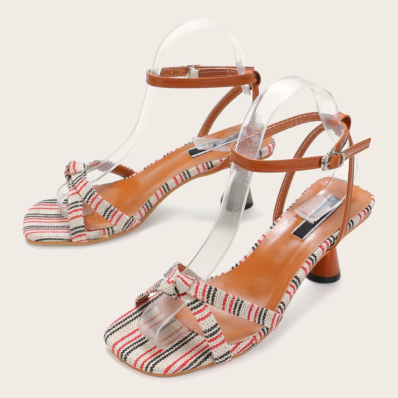 

Open Toe Striped Ankle Strap Heels, Multicolor
