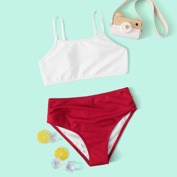 

Girls Two Tone Rib Bikini Swimsuit, Multicolor