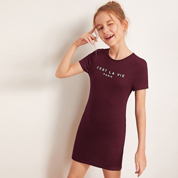 

Girls Slogan Graphic Rib-knit Dress, Burgundy