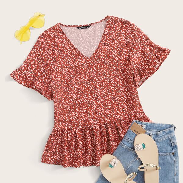 

Allover Plants Print Flutter Sleeve Peplum Top, Red