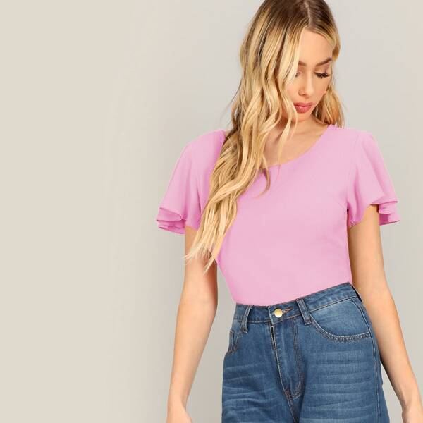 

Solid Butterfly Sleeve Top, Purple