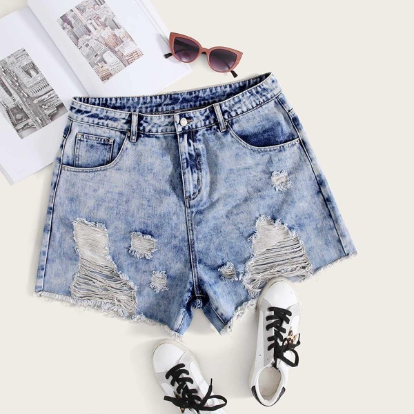 

Plus Ripped Raw Hem Denim Shorts, Blue