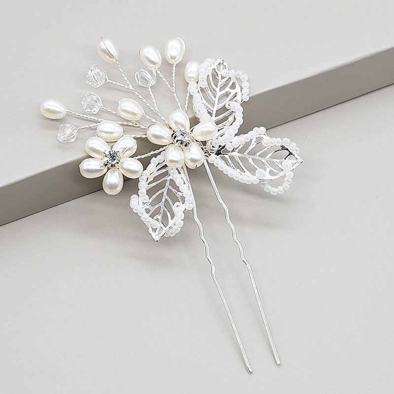 

Faux Pearl Leaf Hair Pin, White