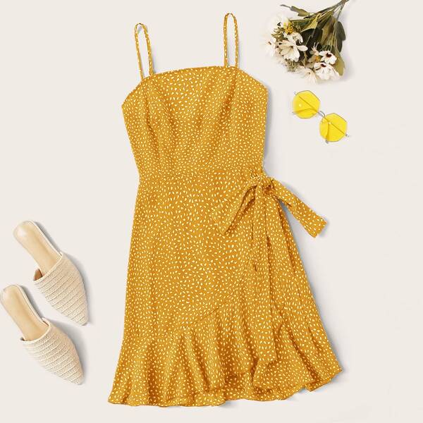 

Allover Print Tie Side Ruffle Trim Wrap Hem Cami Dress, Yellow