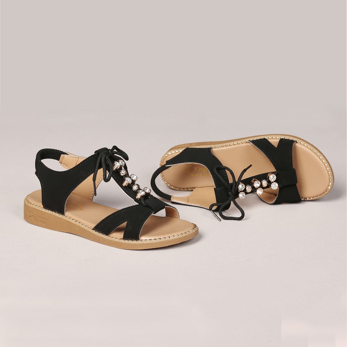 

Rhinestone Lace-up Front Sandals, Black