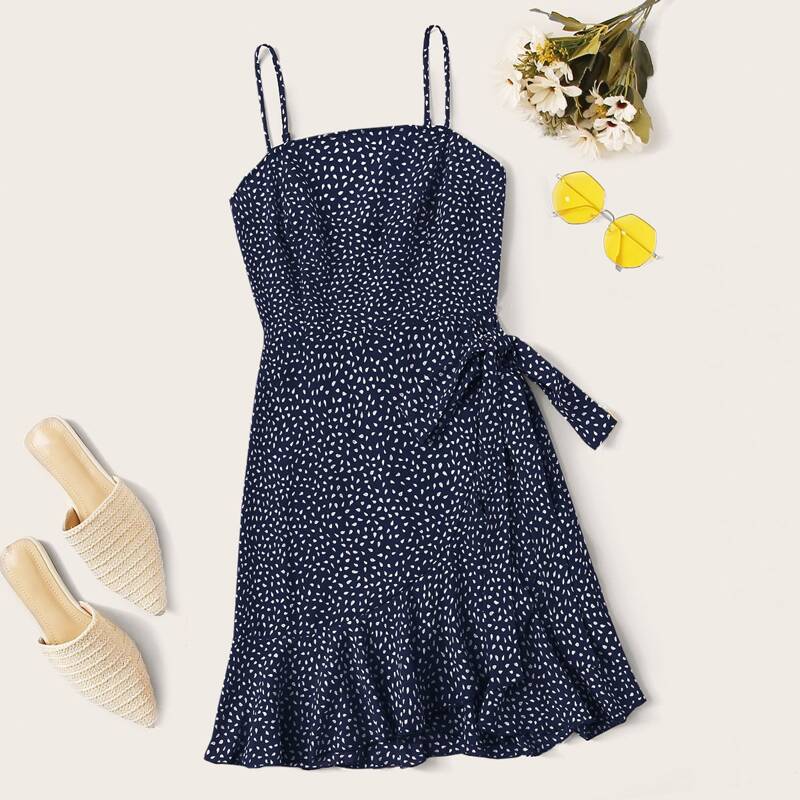 

Allover Print Knot Detail Ruffle Trim Wrap Cami Dress, Navy blue