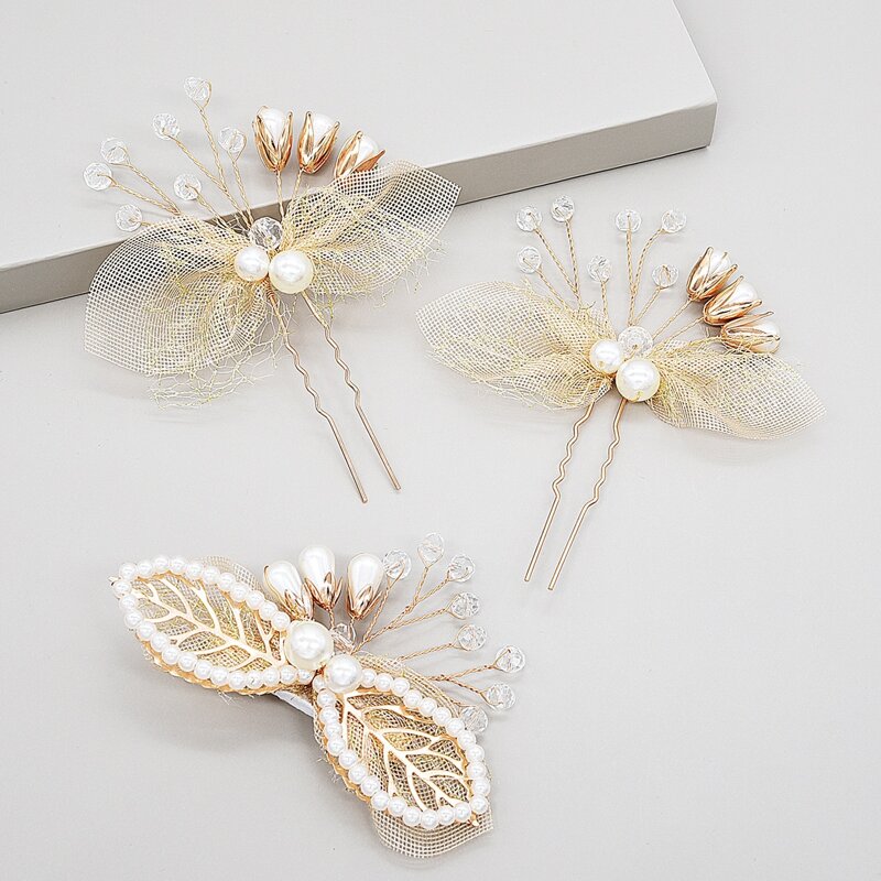 

3pcs Faux Pearl Mesh Hair Accessory, Gold