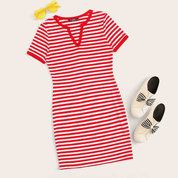 

Plus Notch Neck Striped Dress, Red