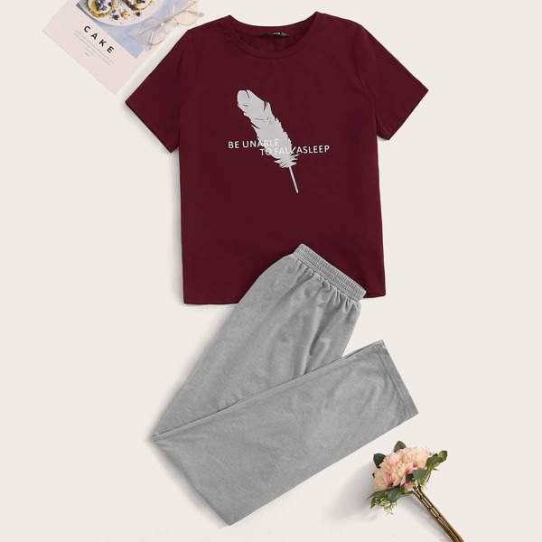 

Feather & Slogan Graphic Tee & Pants PJ Set, Multicolor