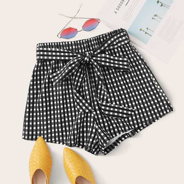 

Plus Self Belted Plaid Shorts, Black and white