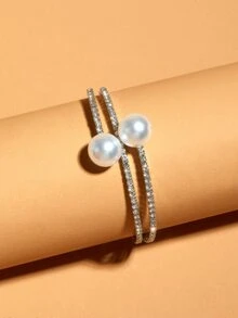 Faux Pearl Decor Layered Bracelet - Silver - View 3