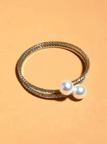 Faux Pearl Decor Layered Bracelet - Silver - View 1