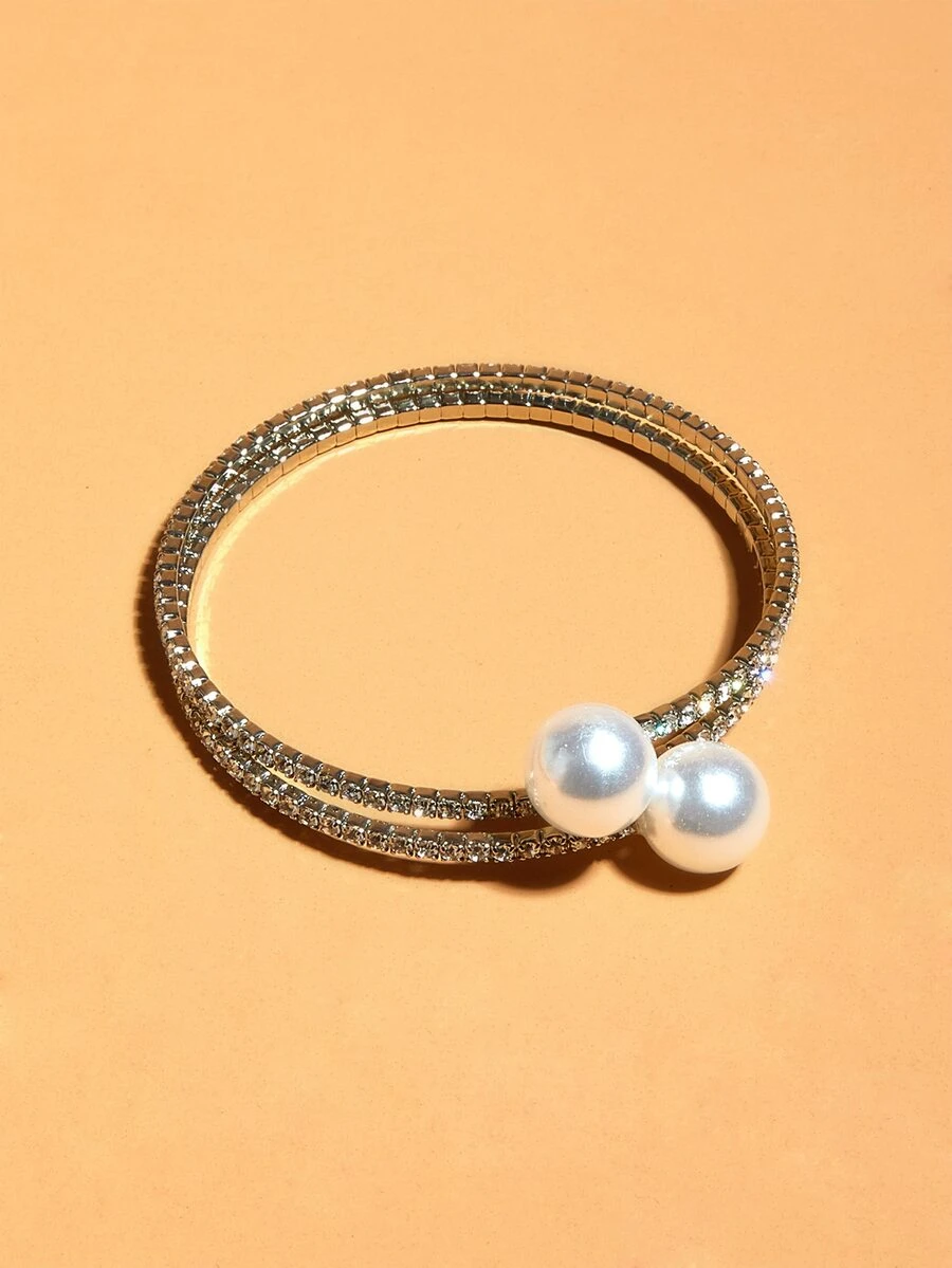 Faux Pearl Decor Layered Bracelet - Silver - View 1