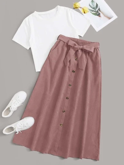 Seusyu Solid Tee & Self Tie  Button Front Skirt