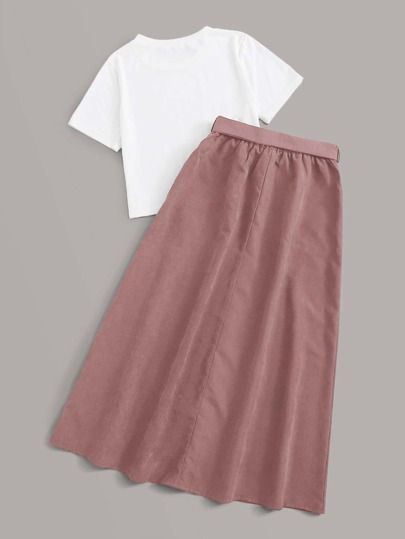 Ensemble jupe avec nœud et boutons et t-shirt unicolore