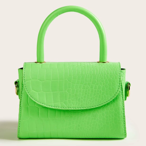 

Neon Green Croc Embossed Satchel Bag, Green bright