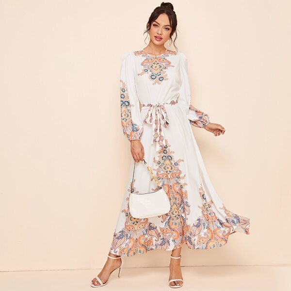 

Lantern Sleeve Self Belted Paisley Print Dress, White