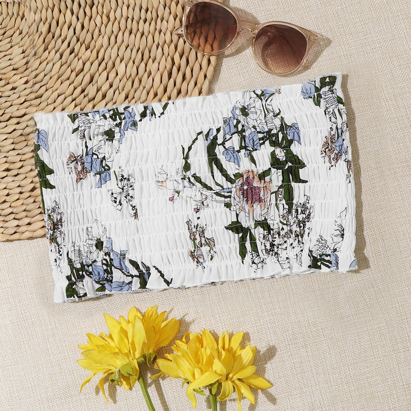 

Floral Print Shirred Tube Top, White