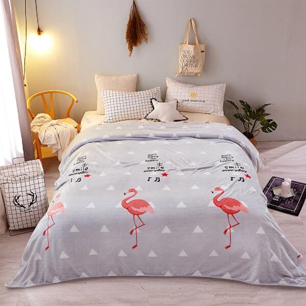

Flamingo Print Blanket, Grey